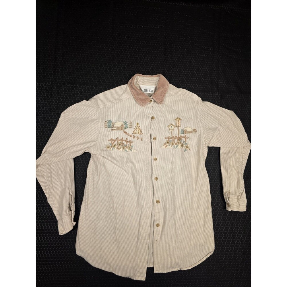 Casey & Max beige brown corduroy embroidered collared striped button-up shirt M